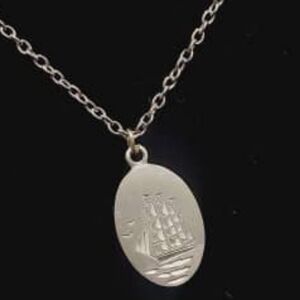 Silver Tone Ship Image Pendant Necklace Stamped© Pewter For Women Fashion. 🌴